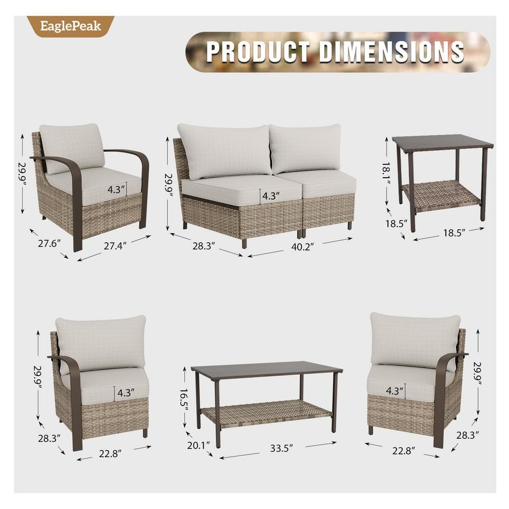 8-Piece Brown Steel Wicker Outdoor Sectional Sofa Set with Beige Cushions