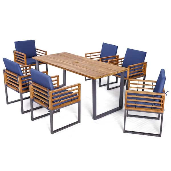 Gymax 7-Piece Acacia Wood Rectangular Outdoor Dining Set with Navy Blue Cushions and Umbrella Hole