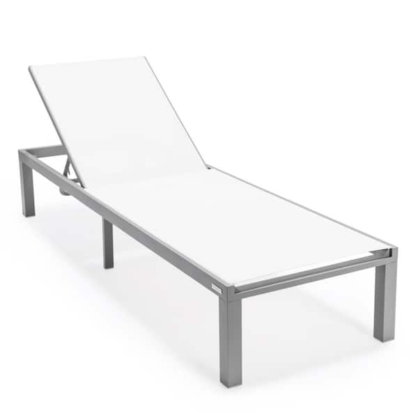 Leisuremod Marlin Outdoor Patio Chaise Lounge Chair in Grey Aluminum Reclining Backrest Mesh Sling Fabric Seat in White