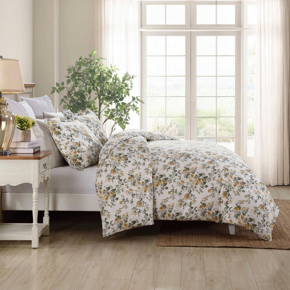 Gold and Green Cotton Floral Full/Queen Duvet Cover Set