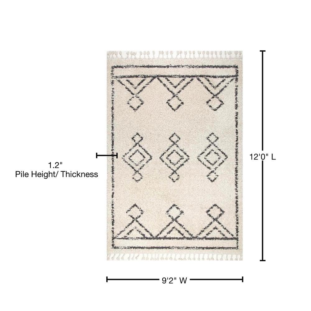 Off-White Synthetic Braided Shag Rug with Moroccan Tassels