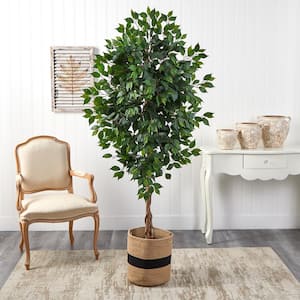 6 ft. Green Ficus Artificial Tree with Natural Trunk in Handmade Natural Cotton Planter