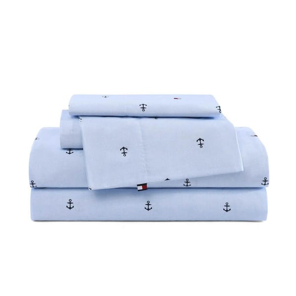 Anchor And Flag 4-Piece Pale Blue/White/Dark Blue Percale Cotton King Sheet Set
