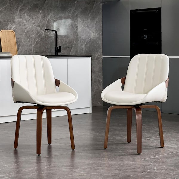 White Faux Leather Upholstered Tufted Wood Swivel Dining Side Chairs (Set of 2)