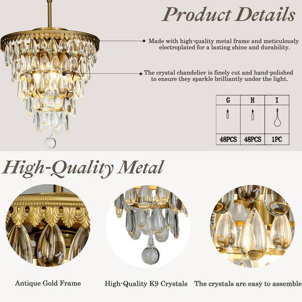 ALOA DECOR 3-Light Antique Brass Tear Drops Crystal