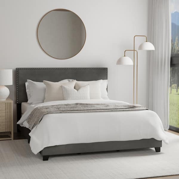 Hillsdale Furniture Gayle Faux Leather Queen Nail Head Upholstered Bed, Charcoal Gray