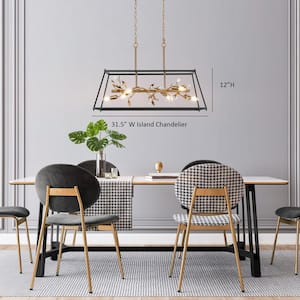 31.5 in. W Moden Island Chandelier 6-Light Matte Black and Plating Brass Linear Cage Crystal Chandelier for Kitchen