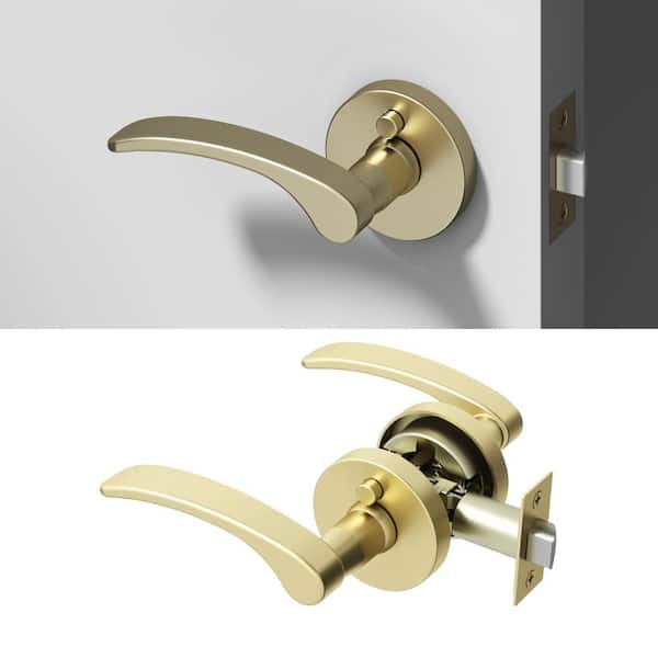 Brook Metal Brushed Champagne Gold Privacy Bed/Bath Flat Door Handle with Push Button and Round Rosette