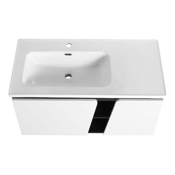 Cesicia 40 in. W x 19.9 in. D x 20.06 in. H Single Sink Floating Bathroom Vanity in White Plus Black with White Ceramic Top