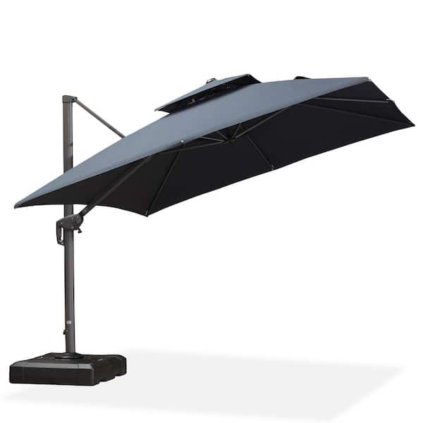 PURPLE LEAF 10 ft. Square 2-Tier Aluminum Cantilever 360° Rotation Patio Umbrella with Base in Ground, Dark Gray