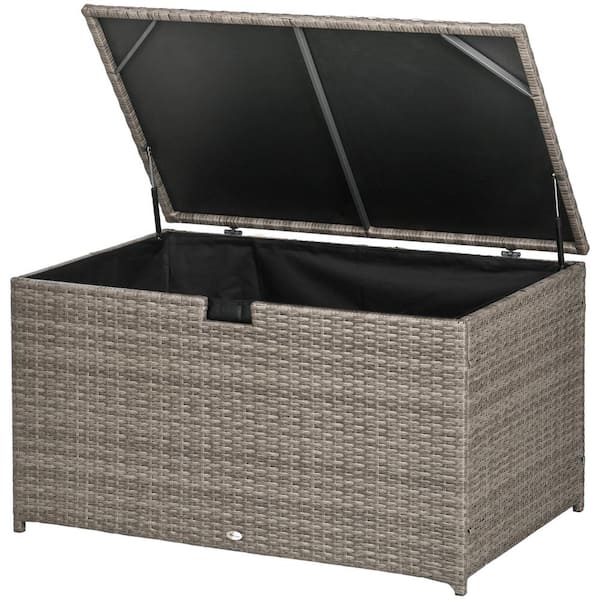 Oyezvary 113 Gal. Gray Powder-Coated Steel Deck Box with Hand-Woven PE Rattan, Durable Waterproof Inner Liner & Two Hydraulic Lid
