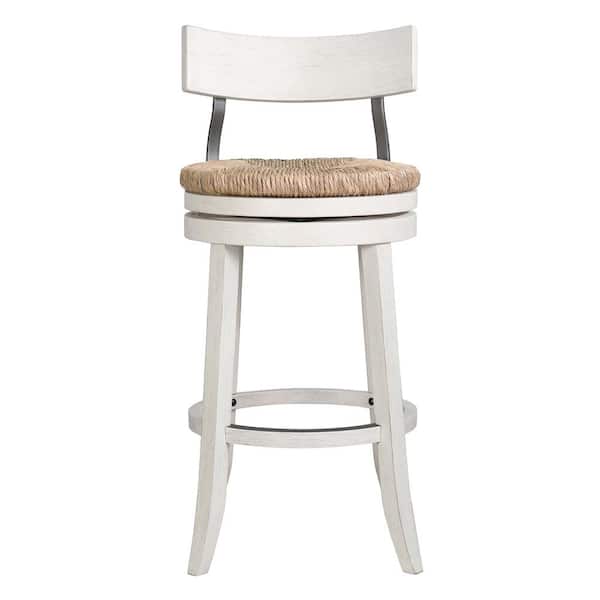 Farmhouse 31in. Wood Bar-Height Bar Stool with Natural Seagrass Seat, Reclaimed White