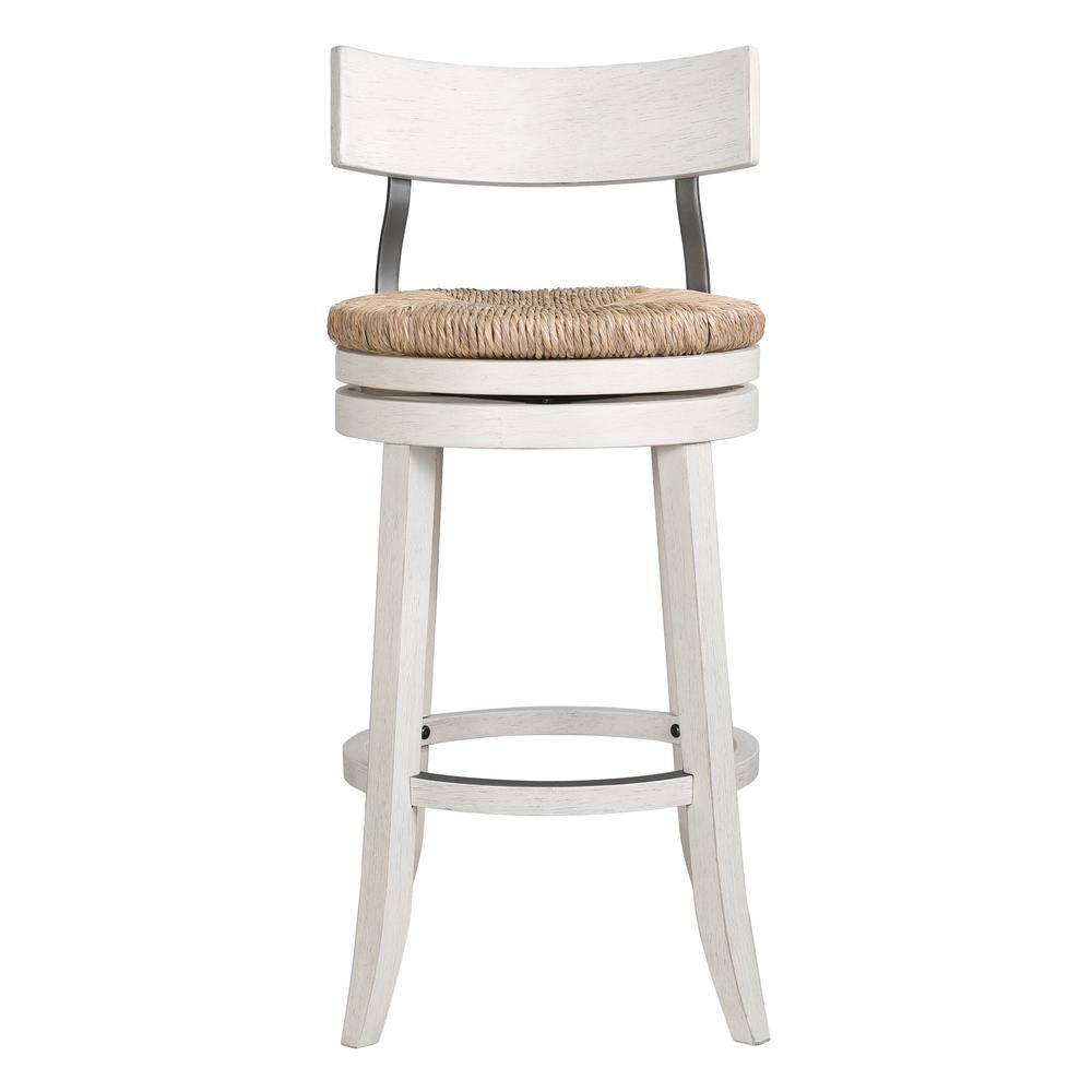 Farmhouse Reclaimed White Wood Bar Stool with Natural Seagrass Seat