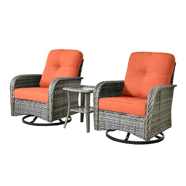 Melora Gray 3-Piece Wicker Outdoor Recliner Swivel Rocking Chair with Orange Red Cushions & Side Table, for Patio, Porch