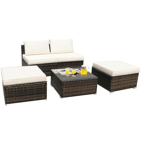 5-Piece Wicker Patio Furniture Set with Washable Zippered Cushions in White