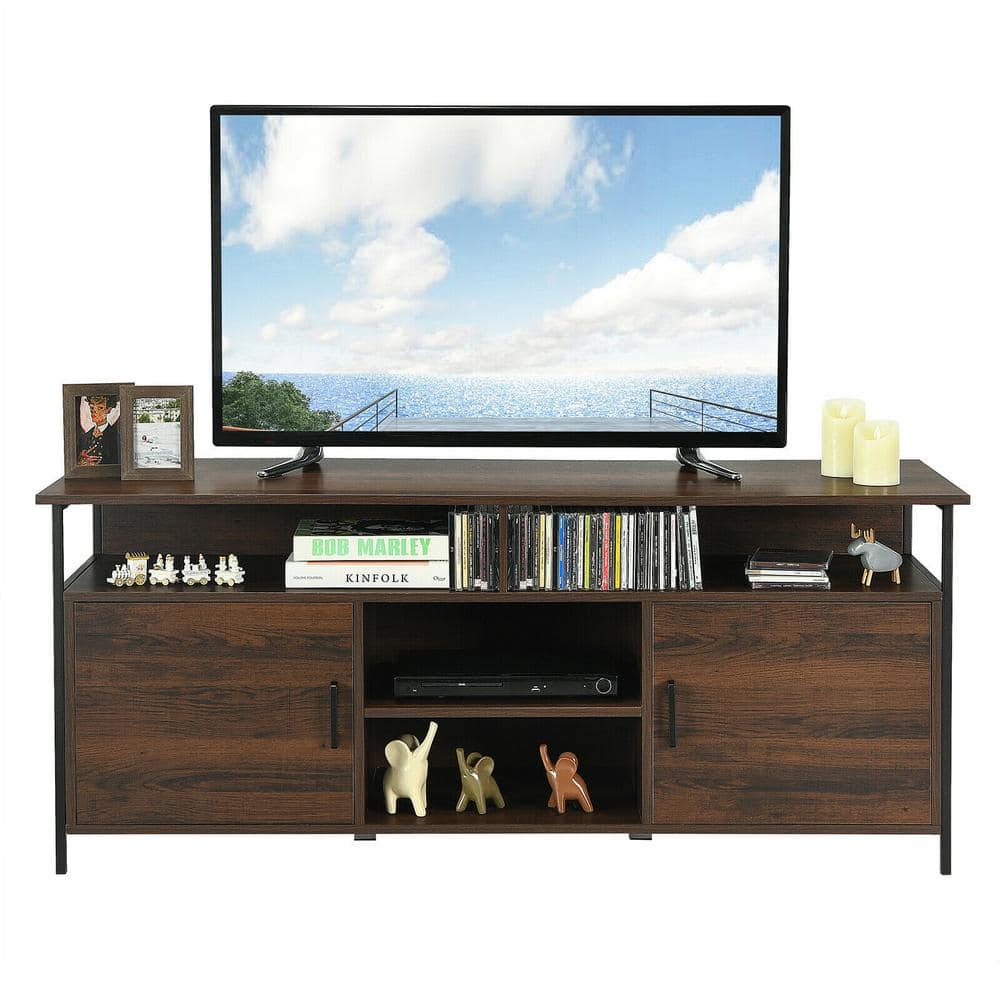 FORCLOVER 58 in. Walnut TV Stand Fits TV's up to 65 in. with 2 Cabinets ...