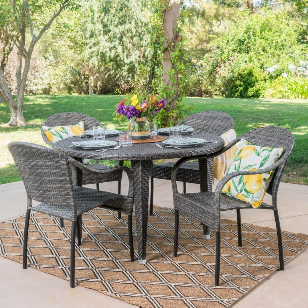 Noble House Belvedere 29 in. Grey 5-Piece Metal Round Outdoor Dining ...