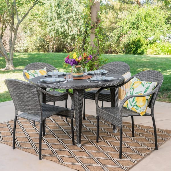 Noble House Belvedere 29 in. Grey 5-Piece Metal Round Outdoor Dining Set