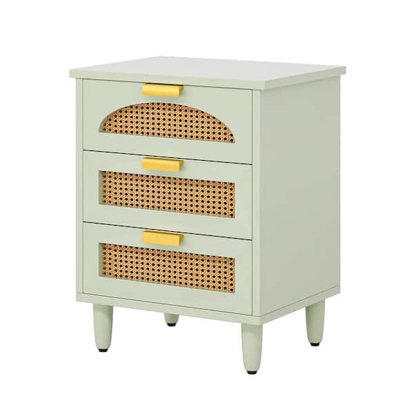 BYBLIGHT Fenley Light Green 3 Drawers 19.7 in. Nightstand Bedside Table Bedroom Night Stand Rattan Sofa End Table with Storage