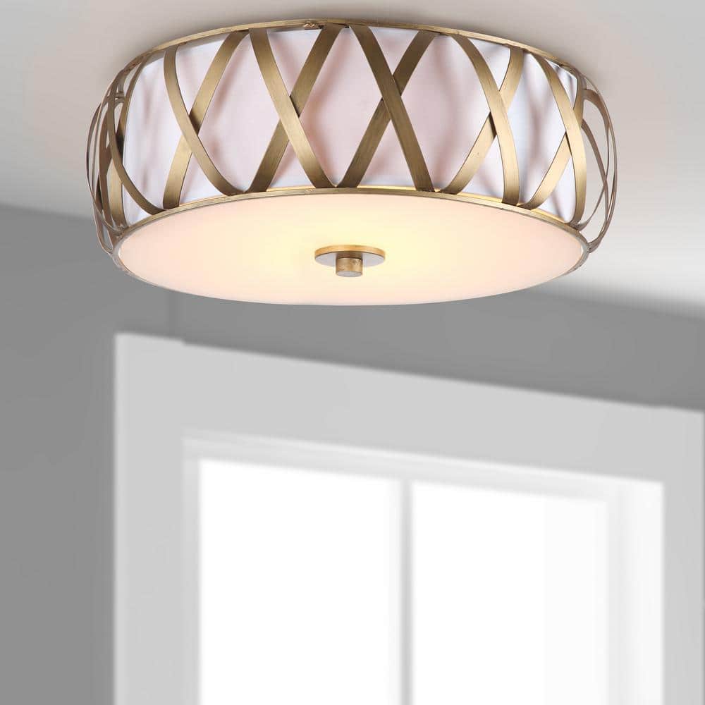Antique Gold 15'' Modern Steel Drum Flush Mount with White Shade
