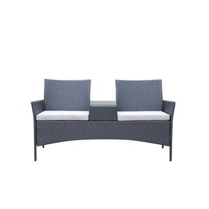 1-Piece Wicker Patio Loveseat with Build-in Coffee Table Conversation Set with Gray Cushions