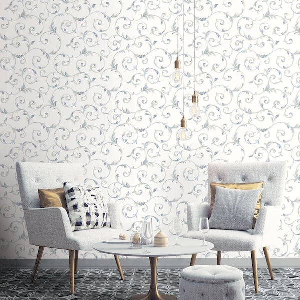 Scroll Wallpaper in White, Navy and Metallic Gold