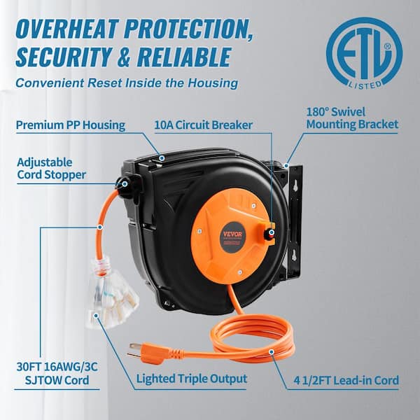 Retractable Cord Reel, 120V AC, Triple Tap Connector, 30 ft
