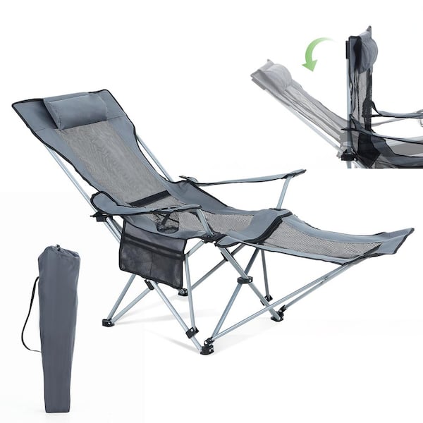 Camping Chair, Lounge Chair, Reclining Camping Chair Grey with Removable Footrest, Cup Holder, Carry Bag