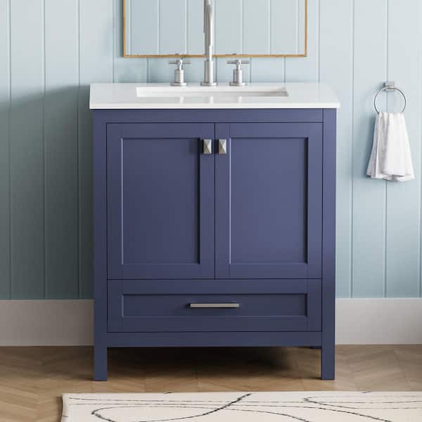 30 in. Freestanding Solid Wood Frame Bath Vanity in Blue with White Ceramic Top, Assembled