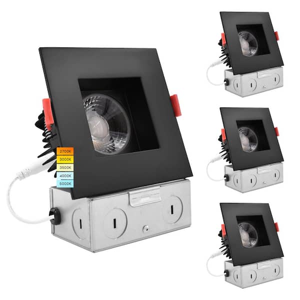 4" Square LED Recessed Light J-Box 15W 5 Color Selectable 1100 Lumens Dimmable Wet Rated Black Trim 4 Pack