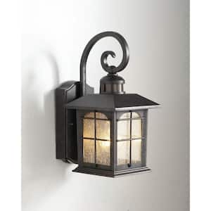 14.2 in. 180-Degree 1-Light Aged Iron Outdoor Motion-Sensing Wall Lantern Sconce