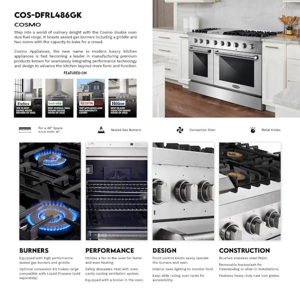 Cosmo 48 in. Lumin Collection 6.7 cu. ft. Double Oven Dual Fuel