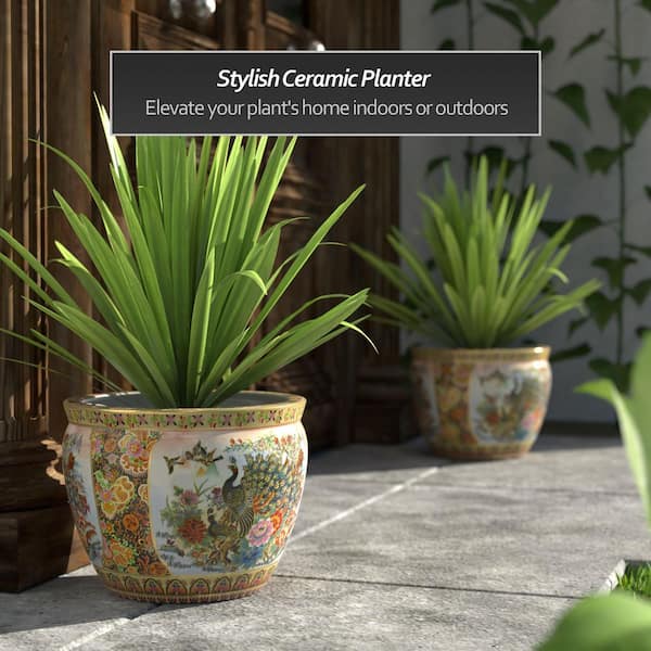 Oriental Furniture 14 in. Satsuma Garden & Peacock Porcelain