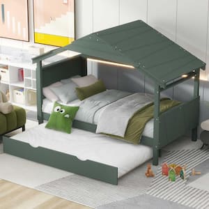 Green Wood Twin Size House Platform Bed with Twin Size Trundle and Storage Shelf