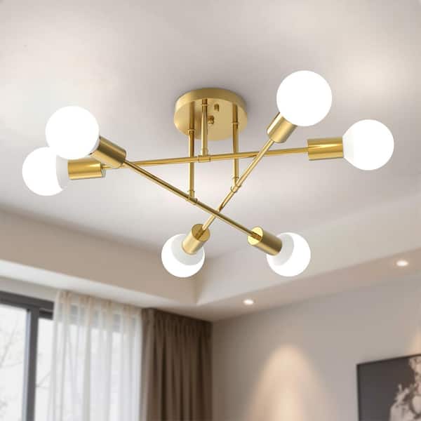 16 in. 6-Light Gold Sputnik Modern Linear Semi Flush Mount Ceiling Light Fixture for Dining Room, Kitchen, Bedroom