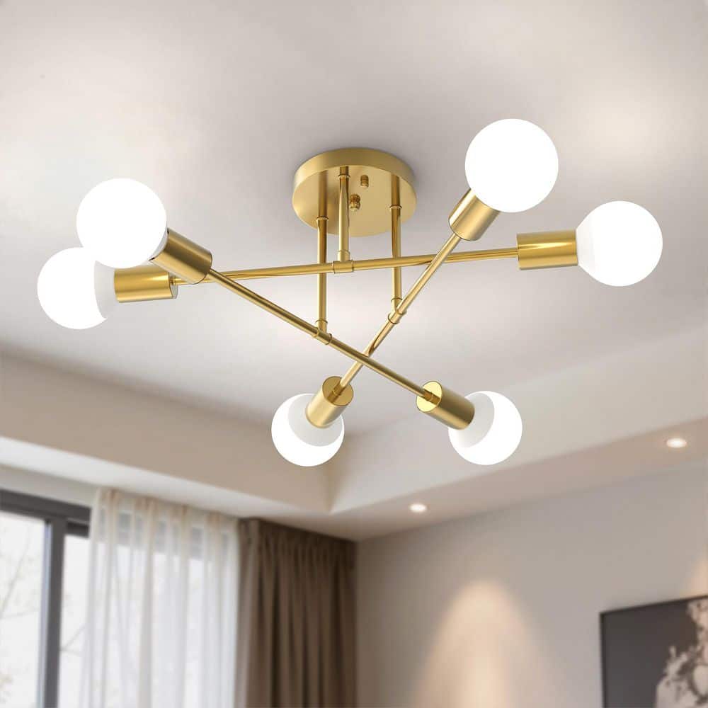 YANSUN 16 in. 6-Light Gold Sputnik Modern Linear Semi Flush Mount