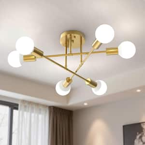 YANSUN 16 in. 6-Light Gold Sputnik Modern Linear Semi Flush Mount
