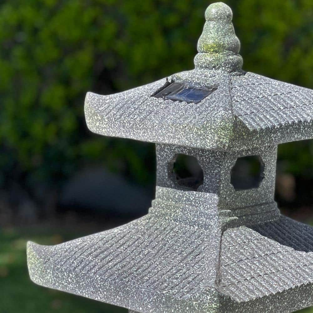 26" Gray Resin Pagoda Garden Lantern with Solar Light