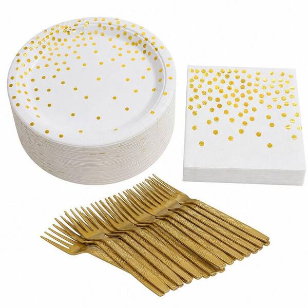 Thick Soak-Proof Disposable Party Kit, 105-Piece, Contemporary White Gold Dot, Paper, Dessert Plates Napkins Forks