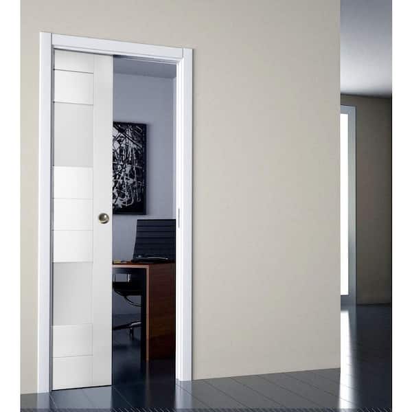 28 in. x 80 in. Single Panel White Solid MDF Double Sliding Doors with Pocket Hardware