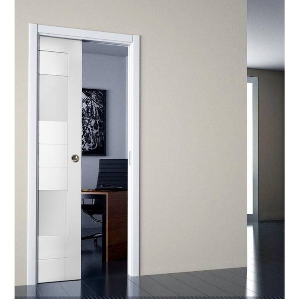 30 in. x 96 in. Single Panel White Solid MDF Double Sliding Doors with Pocket Hardware