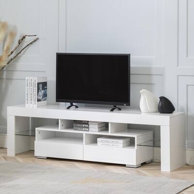 Wood Media Storage Console 63 in. White TV Stand Fits TV's to 65 in. with 2 Storage Drawers