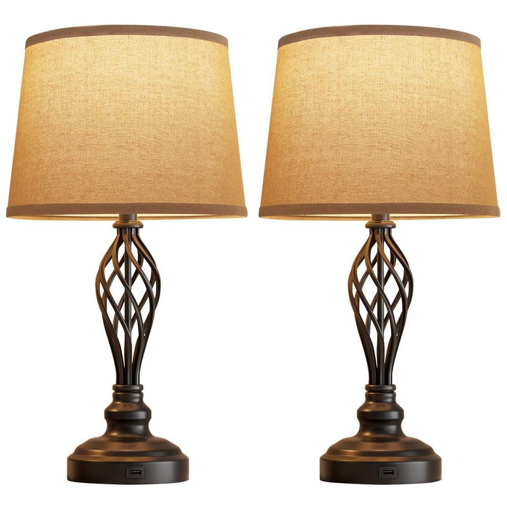 22 in. Farmhouse Table Lamps Set of 2 with USB Ports, Black Bedside Lamp Cream Drum Shade Spiral Cage Base with Led Bulb price history on PriceWatchPro