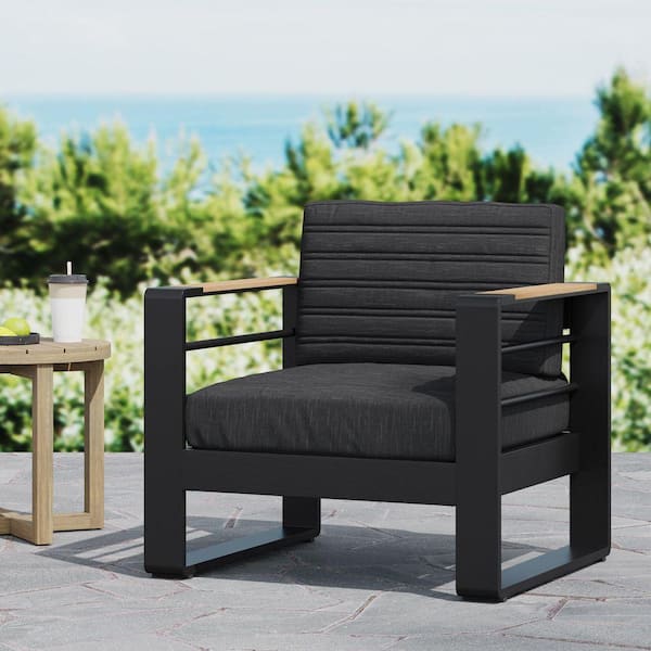 Black Metal Outdoor Lounge Chair with Wood Accents​
