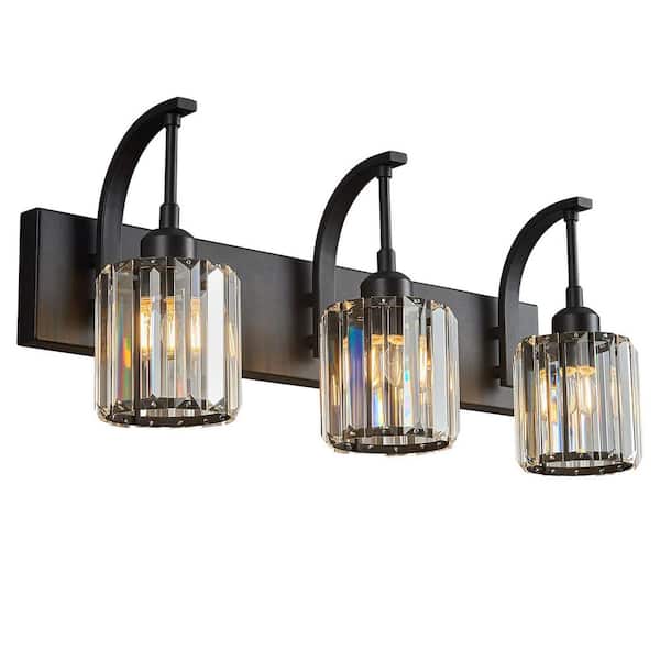 Home Lighting 23.62 in. 3-Light Black Round Vanity Lights with Crystal Accents Over Mirror for Bathroom (JW-294)