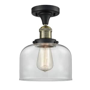 Bell 8 in. 1-Light Black Antique Brass Semi-Flush Mount with Clear Glass Shade