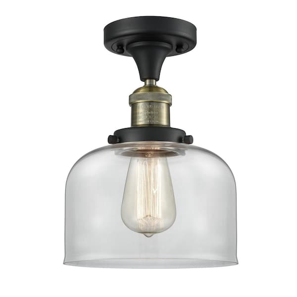 Innovations Bell 8 in. 1-Light Black Antique Brass Semi-Flush Mount with Clear Glass Shade