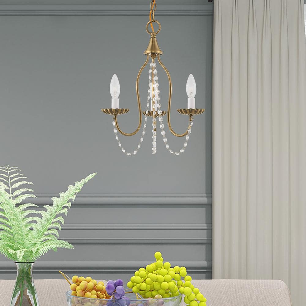 Antique Brass Mini Chandelier with Clear Crystal Trim