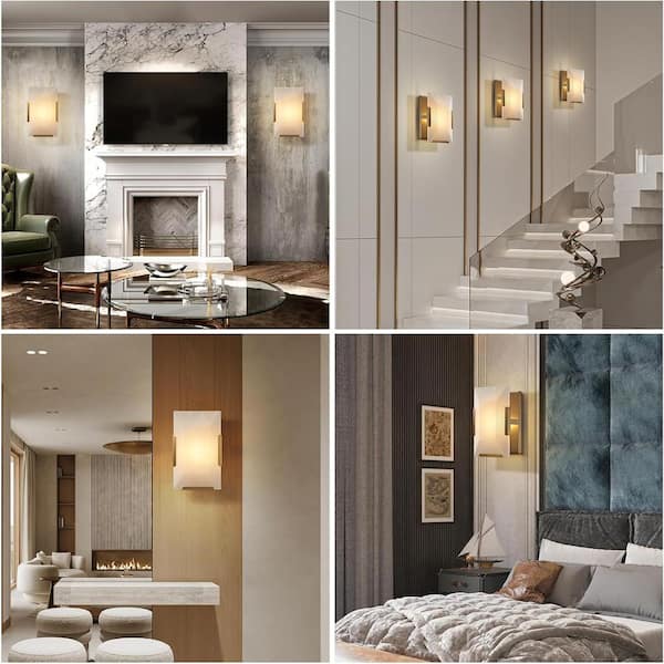 9.8 in. 1-Light 2-Piece Gold Wall Sconce, Natural Alabaster Wall Lighting for Living Room, Bathroom, Hallway, Bedroom