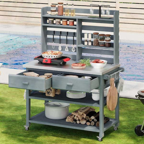 Farmhouse 52 in. x 22 in. x 65 in. Patio Gray Blue Fir Wood Raised Garden Beds Potting Bench Table with Lockable Wheels